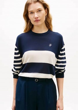 TOMMY HILFIGER - Tommy Hilfiger γυναικείο πουλόβερ με ριγέ σχέδιο και κεντημένο logo Regular Fit - WW0WW48501 Σκούρο Μπλε