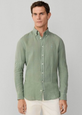 Hackett ανδρικό λινό πουκάμισο button down με κεντημένο λογότυπο Tailored Fit - HM3010635 Πράσινο Ανοιχτό
