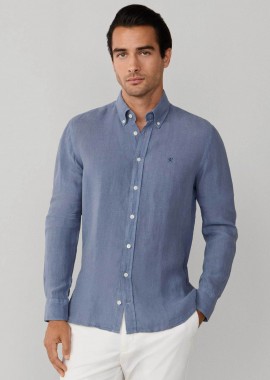 Hackett ανδρικό λινό πουκάμισο button down με κεντημένο λογότυπο Tailored Fit - HM3010635 Μπλε Ανοιχτό