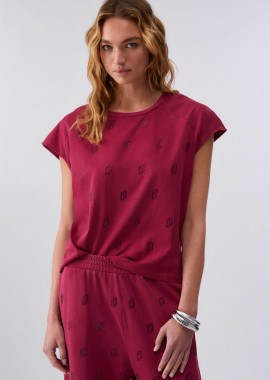 LIU JO - Liu Jo γυναικείο T-shirt με στρας Regular Fit - TA6168JS923 Μπορντό