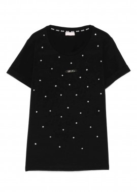 LIU JO - Liu Jo γυναικείο T-shirt με logo print και στρας Regular Fit - TA6157JS923 Μαύρο