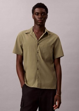 Calvin Klein ανδρικό πουκάμισο μονόχρωμο με κοντό μανίκι Regular Fit - LV04LF109G Χακί