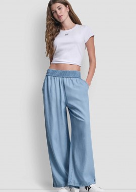 DKNY - DKNY γυναικείο παντελόνι μονόχρωμο με ελαστική μέση Wide Leg - DJ4P3006 Denim Blue