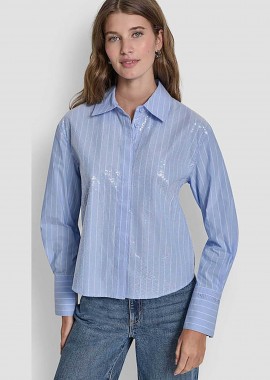 DKNY - DKNY γυναικείο πουκάμισο με ριγέ σχέδιο και λαμπερή όψη - DJ6W2204 Γαλάζιο