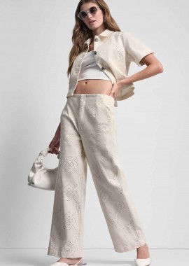 DKNY - DKNY γυναικείο παντελόνι με διάτρητο σχέδιο Wide Leg - DJ6P3135 Εκρού