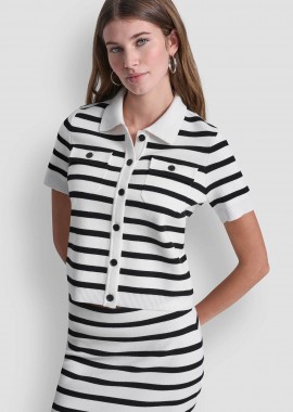DKNY - DKNY γυναικεία πλεκτή ζακέτα ριγέ - DJ6R0160 Λευκό