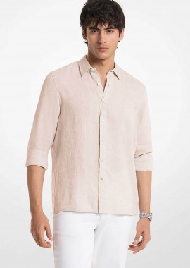 MICHAEL KORS - Michael Kors ανδρικό λινό πουκάμισο με κεντημένο monogram Classic Fit - CF5409I4YT Μπεζ