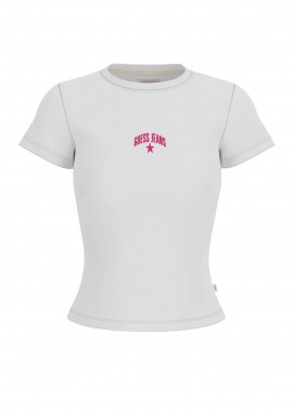 GUESS - Guess γυναικείο T-shirt ribbed με κεντημένο λογότυπο Slim Fit - W6GPZ3KA0H1 Λευκό