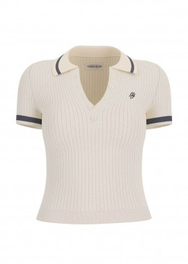 Guess γυναικεία πλεκτή μπλούζα πόλο cropped ribbed με κεντημένο monogram Slim Fit - W6GRZ1Z3P32 Λευκό