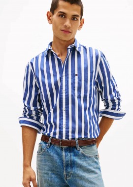 TOMMY HILFIGER - Tommy Hilfiger ανδρικό πουκάμισο button down με ριγέ σχέδιο και τσέπη με κεντημένο logo flag Regular Fit - MW0MW41715 Μπλε
