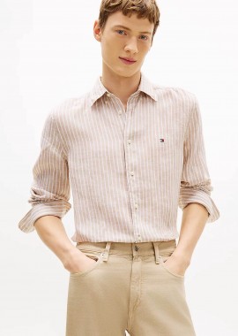 TOMMY HILFIGER - Tommy Hilfiger ανδρικό πουκάμισο λινό με ριγέ σχέδιο Regular Fit - MW0MW42400 Μπεζ