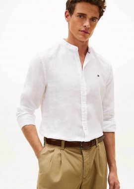 TOMMY HILFIGER - Tommy Hilfiger ανδρικό λινό πουκάμισο με κεντημένο logo flag Slim Fit - MW0MW39271 Λευκό