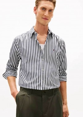 TOMMY HILFIGER - Tommy Hilfiger ανδρικό πουκάμισο ριγέ με κεντημένο logo flag Regular Fit - MW0MW42440 Μαύρο