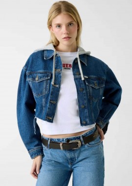 Guess γυναικείο denim jacket cropped με κουκούλα - W6RN11D5R2C Denim Blue