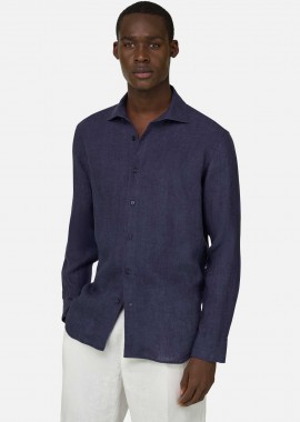 BOGGI MILANO - Boggi Milano ανδρικό λινό πουκάμισο μονόχρωμο Regular Fit - BO26P020308 Μπλε Navy