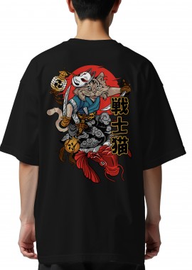 Oversized T-Shirt Cat Samurai Pop Culture Black