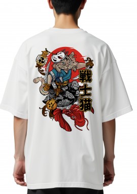 Pop Culture - Oversized T-Shirt Cat Samurai Pop Culture White