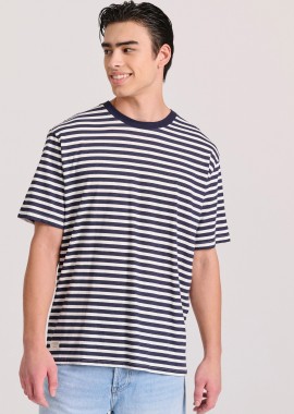 FUNKY BUDDHA - Relaxed fit linen blend ριγέ t-shirt