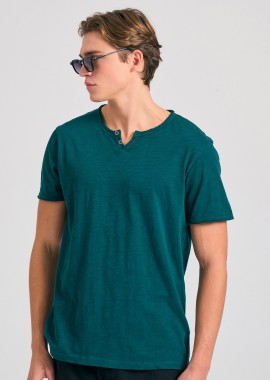 FUNKY BUDDHA - T-shirt με λαιμό henley και raw cuts - The essentials