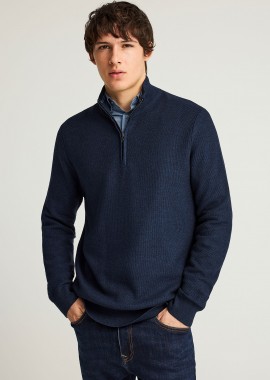 FUNKY BUDDHA - Ανδρικό μονόχρωμο half-zip πλεκτό πουλόβερ