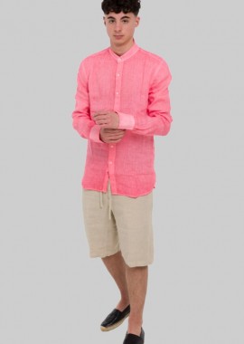 120% LINO - 120% LINO Ανδρικό Ροζ Long-Sleeves Linen Shirt