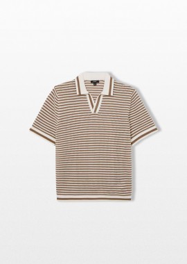 REISS - REISS Ανδρικό Καφέ Stripe Open-Collar Polo Shirt