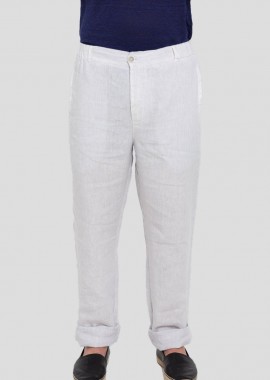 120% LINO - 120% LINO Ανδρικό Λευκό Linen Trousers Ιn White
