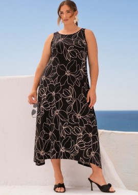 - Αμάνικο Μακρύ Φόρεμα Floral Print με Ασύμμετρο Τελείωμα