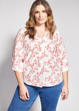 - Εμπριμέ φλοράλ μπλούζα βισκόζη με γυριστά μανίκια