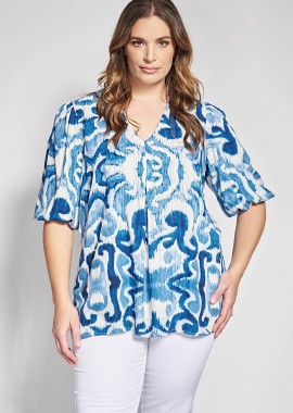 - Εμπριμέ μπλούζα με λαιμόκοψη V και balloon μανίκια