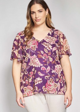 - Φλοράλ μπλούζα με v λαιμόκοψη και μανίκια βολάν