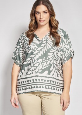 - Μπλούζα boho εμπριμέ βισκόζη με γεωμετρική μπορντούρα