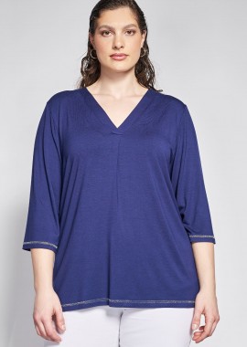 - Μπλούζα με λαιμόκοψη V και ασημί lurex τελειώματα