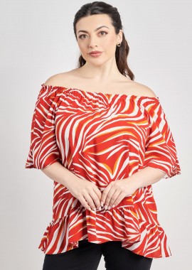 - Μπλούζα βισκόζη off-shoulder με βολάν εμπριμέ τρόπικαλ