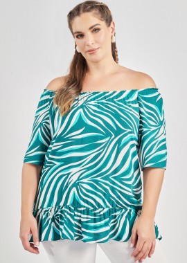 - Μπλούζα βισκόζη off-shoulder με βολάν εμπριμέ τρόπικαλ