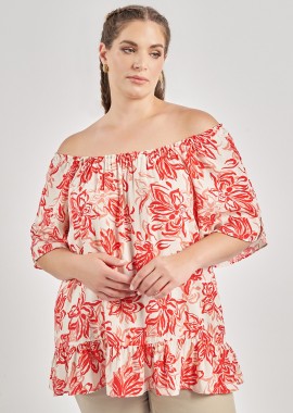 - Μπλούζα βισκόζη off-shoulder με βολάν εμπριμέ τρόπικαλ