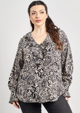 - Μπλούζα βισκόζης εμπριμέ με διακόσμηση λαχούρια