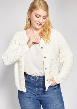 - Πλεκτή ζακέτα με χρυσά κουμπιά και στρογγυλή λαιμόκοψη