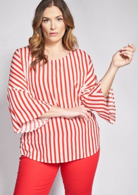 - Ριγέ μπλούζα ποπλίνα με βολάν στα μανίκια