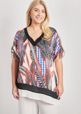 - Βραδινή μπλούζα σατέν εμπριμέ ασύμμετρη