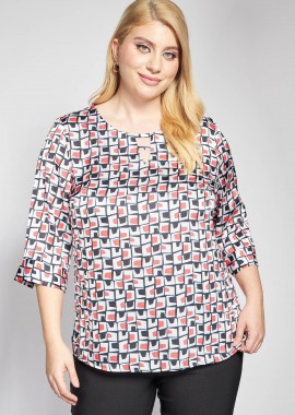 - Βραδινή μπλούζα σατινέ σε γεωμετρικό εμπριμέ