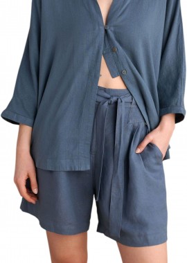 Attrattivo - Σορτς Attrattivo Λινό Με Ζώνη 9920940-GREY BLUE Γυναικείο