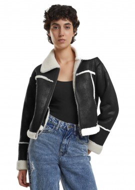 Urban Classics - Ladies Shearling Jacket Urban Classics TB7076-03275 Black/Whitesand