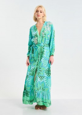- Φόρεμα BLE Maxi Με Tropical Σχέδια Και Ζώνη