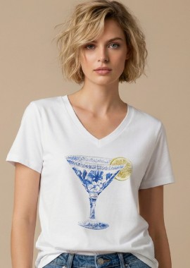 - T-Shirt Με V Λαιμόκοψη & Μπλε Τύπωμα DEJAVU