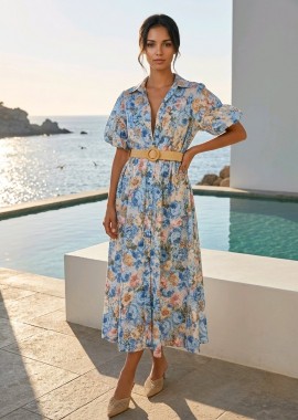 - Φόρεμα Maxi Σεμιζιέ Floral Με Ζώνη