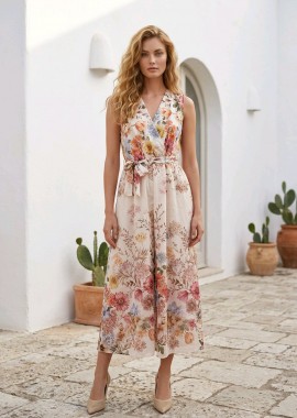 - Φόρεμα Floral Αμάνικο Maxi Με Ζώνη