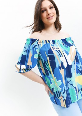 - Εμπριμέ μπλούζα με έξω ώμους σε μπλε/άκουα χρώμα