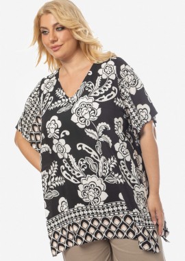 - Εμπριμέ μπλούζα με V λαιμόκοψη σε μαύρο χρώμα