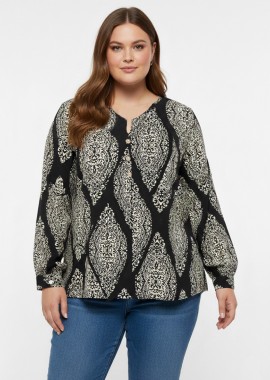 - Εμπριμέ τουνίκ με κουμπιά σε μαύρο και εκρού χρώμα